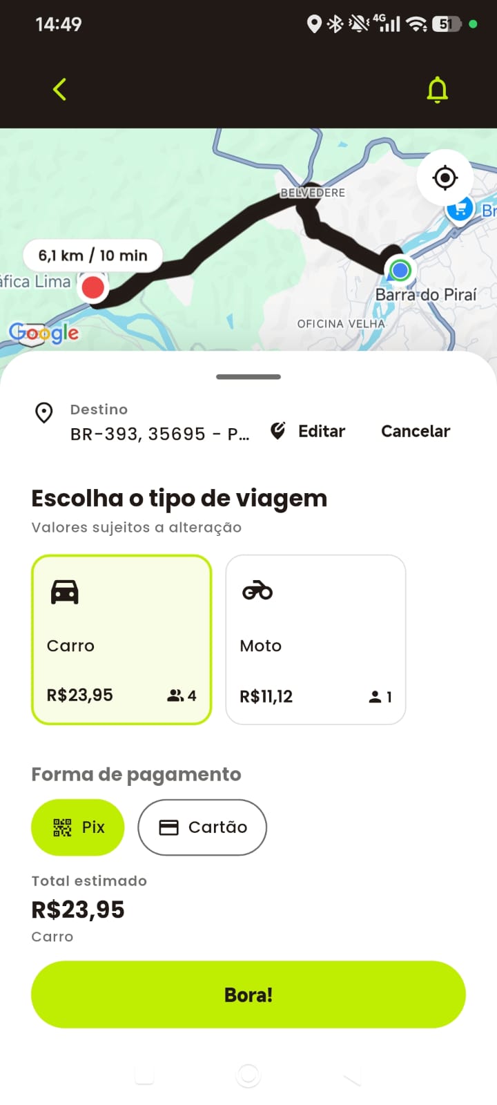 Tela do app BoraOn com as opções de carro e moto e o valor de cada uma antes da confirmação.